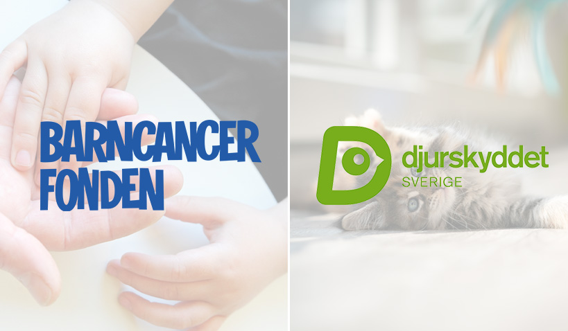 Kollage med Barncancerfondens logotype och Djurskyddet Sveriges logotype