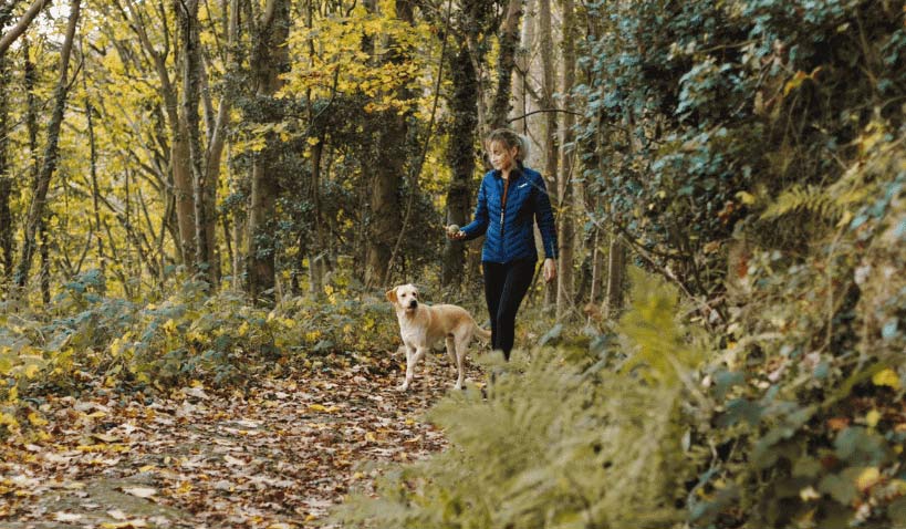 Kvinna och hund som promenerar i höstskog