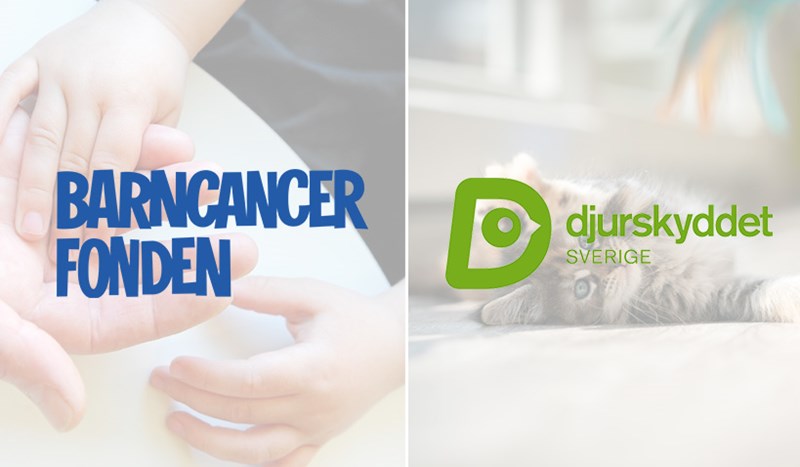 Kollage med Barncancerfondens logotype och Djurskyddet Sveriges logotype