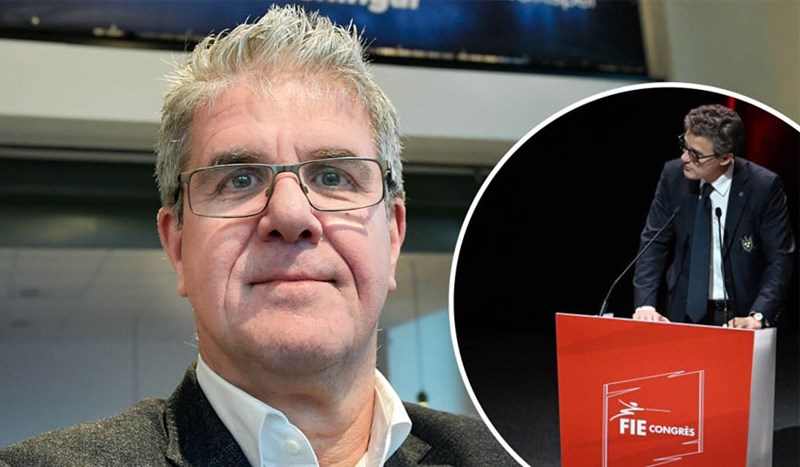Närbild på Hans Sahlin, VD Ideella Folkspel med bild på Otto Drakenberg infälld i nedre hörnet.