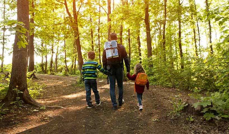 En pappa med två barn som promenerar i en höstig skog