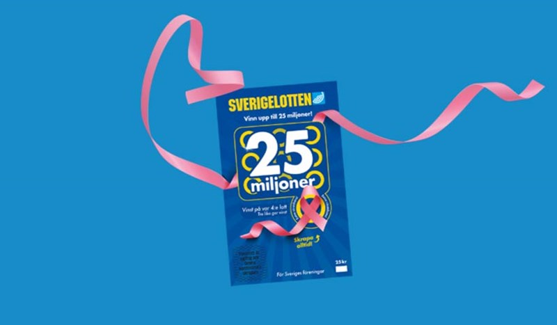 En Sverigelott med ett rosa band på blå bakgrund